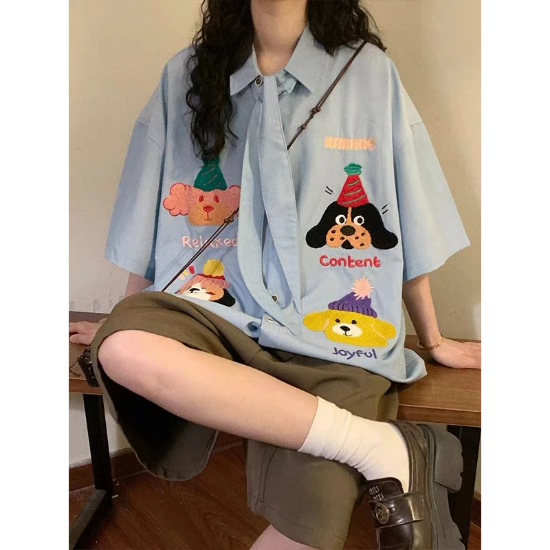 美式复古趣味可爱卡通刺绣不可拆领带短袖衬衫女夏季宽松显瘦上衣