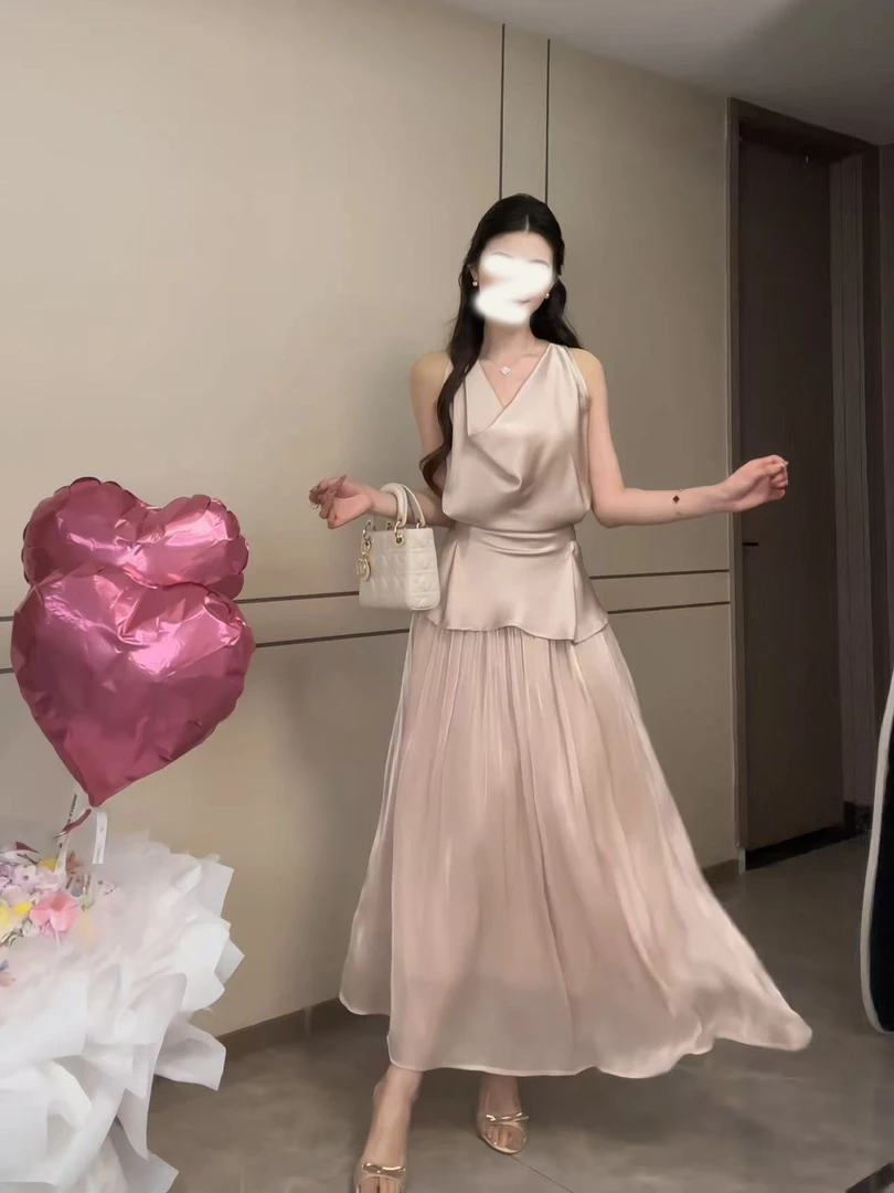 法式富家千金感优雅气质套装无袖荡领背心上衣女夏季半身裙两件套