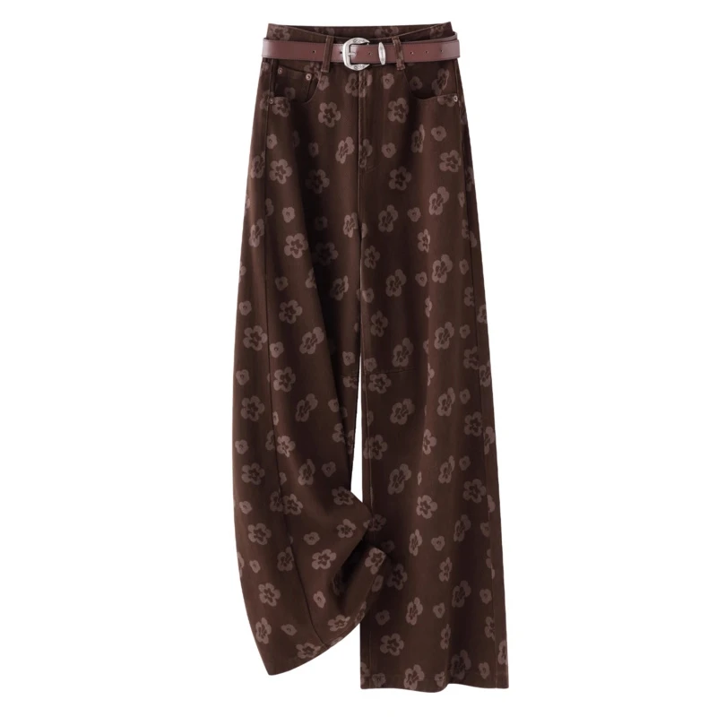 咖色提花牛仔裤女2025新款秋季复古高腰显瘦宽松垂感直筒阔腿裤子