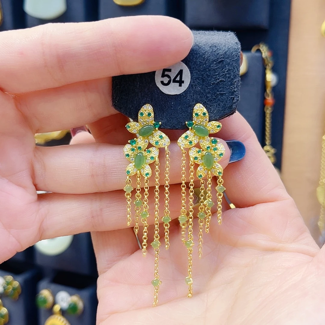 和田玉银S925镀金镶嵌耳饰