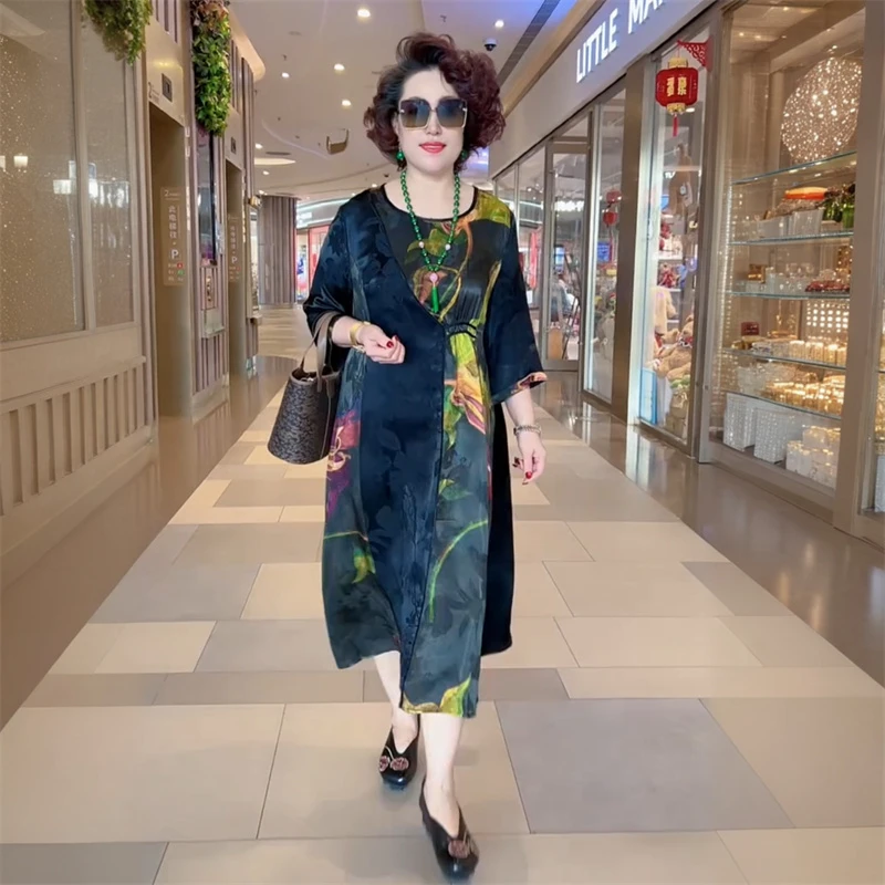 中年妈妈装国风连衣裙大码女装2025夏季高端洋气短袖大码减龄裙子