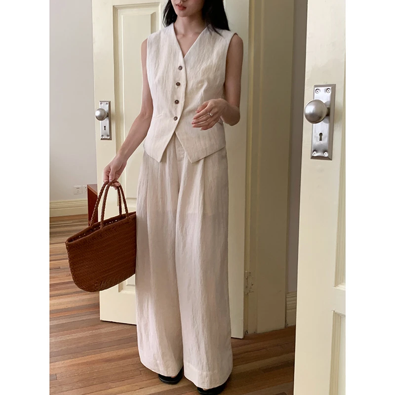 气质韩系天丝马甲背心女+夏季女装直筒休闲裤两件套装W997A