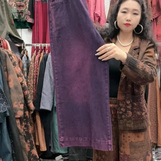 织绣招财猫牛仔直筒裤