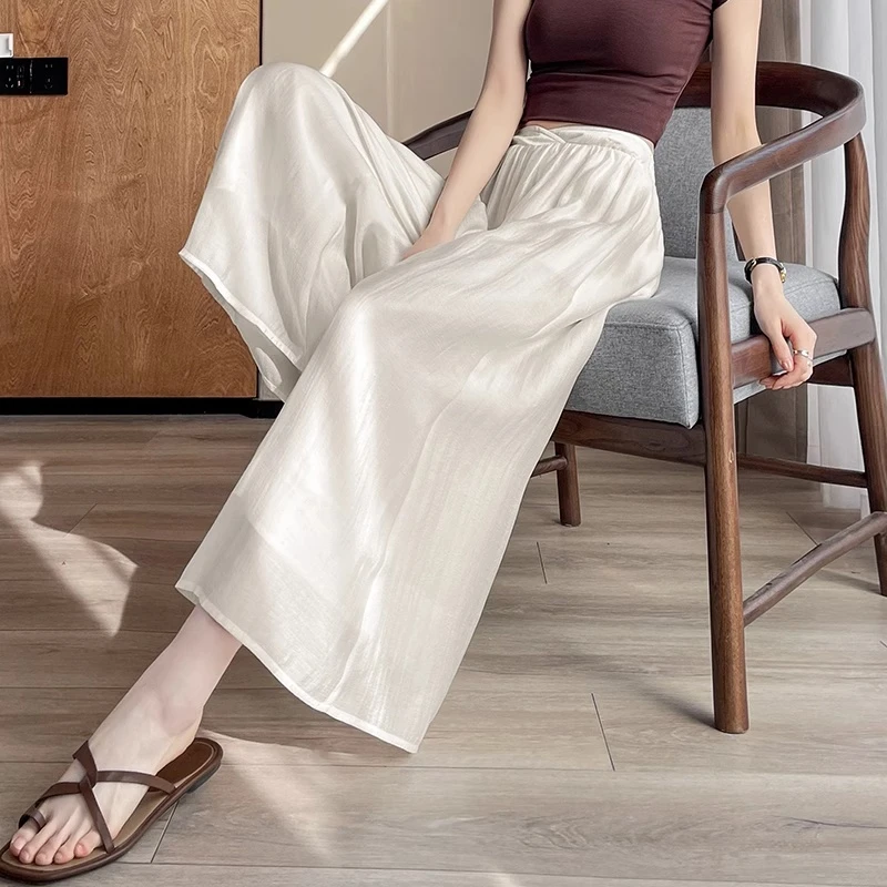 白色冰丝裙裤女夏季薄款2025新款高腰垂感宽松休闲半身直筒休闲裤