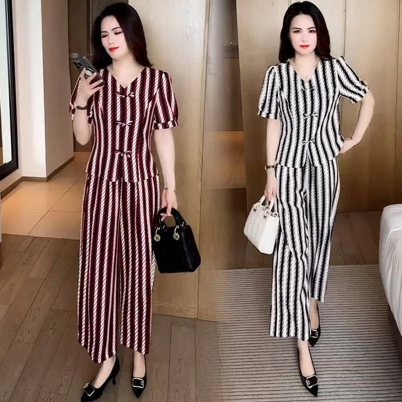 妈妈装夏季新款洋气V领衣服显瘦时尚短袖套装条纹休闲减龄两件套