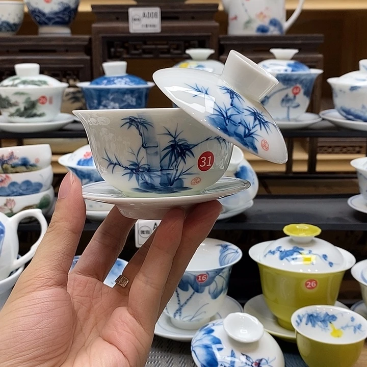 手绘竹子悬停盖碗150cc釉下彩微瑕福利款