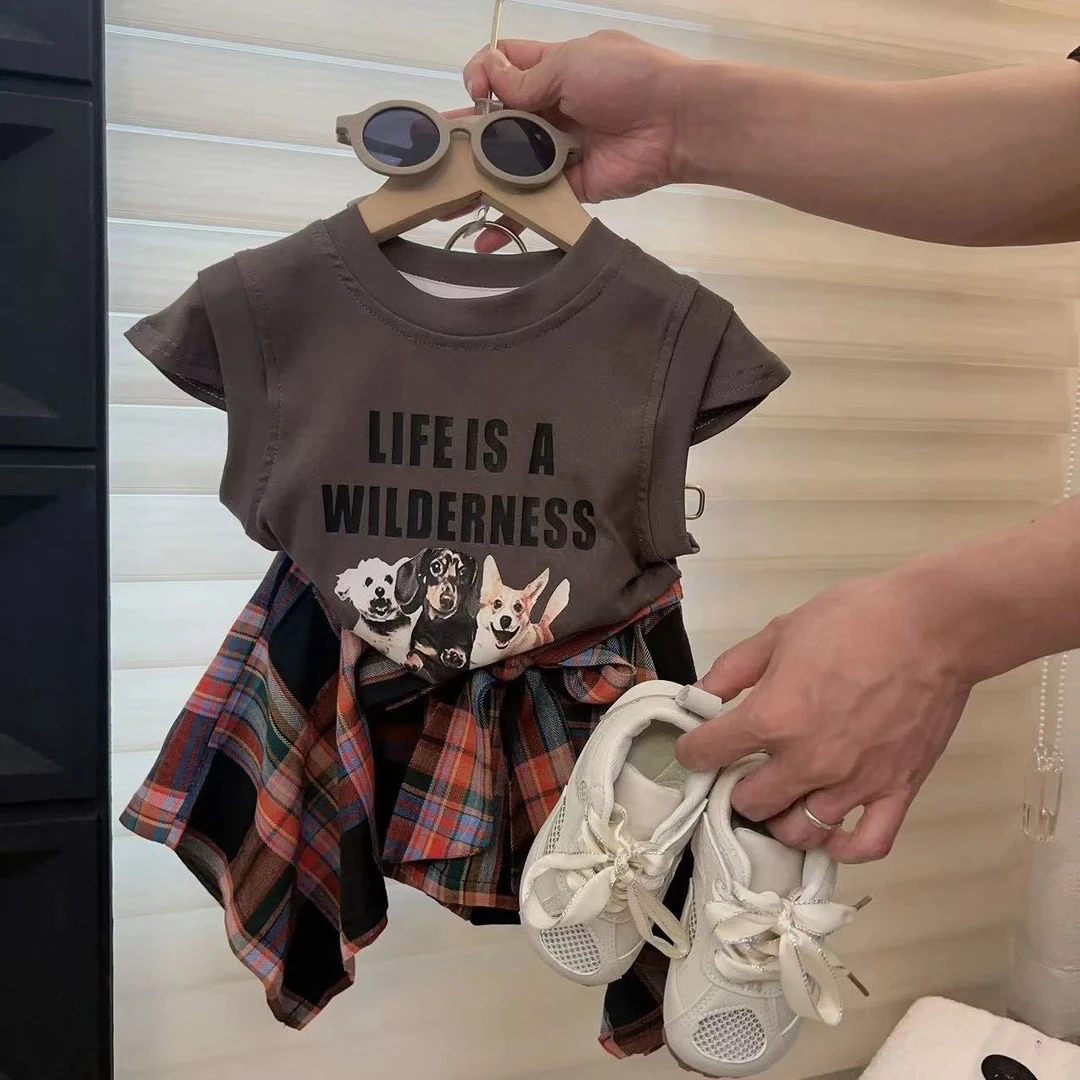 2025 新款复古格子宽松圆领半身裙套装休闲女童设计感宽松两件套