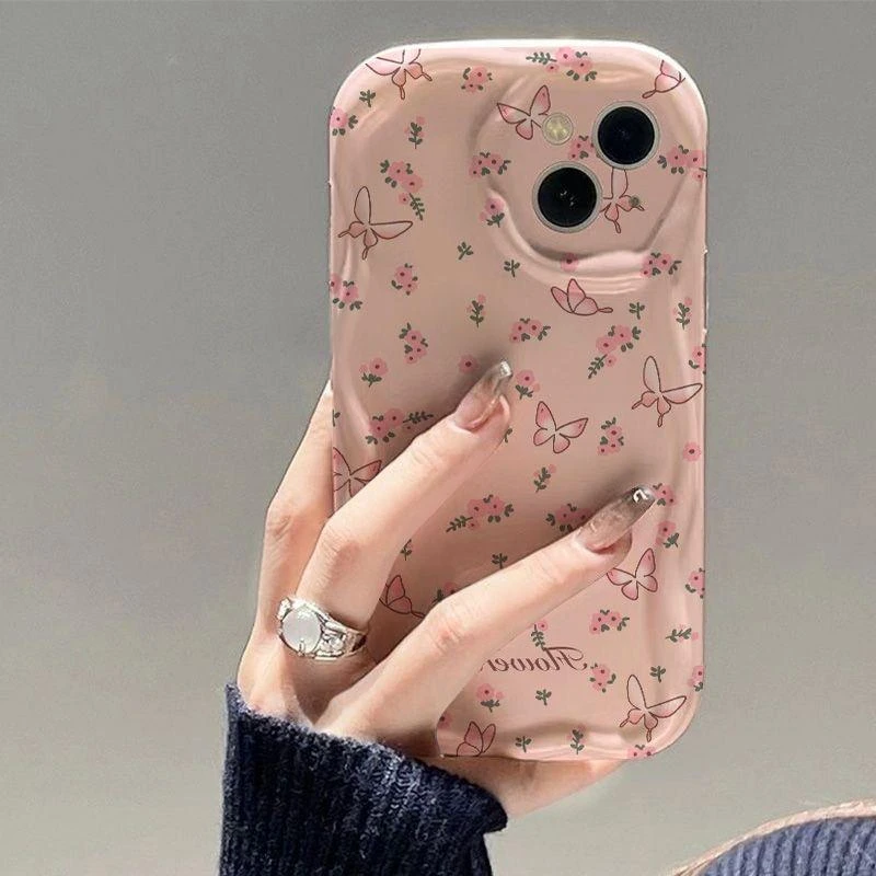 叮霖粉花蝴蝶适用iphone16/15奶油纹手机壳华为vivo小米14oppo套