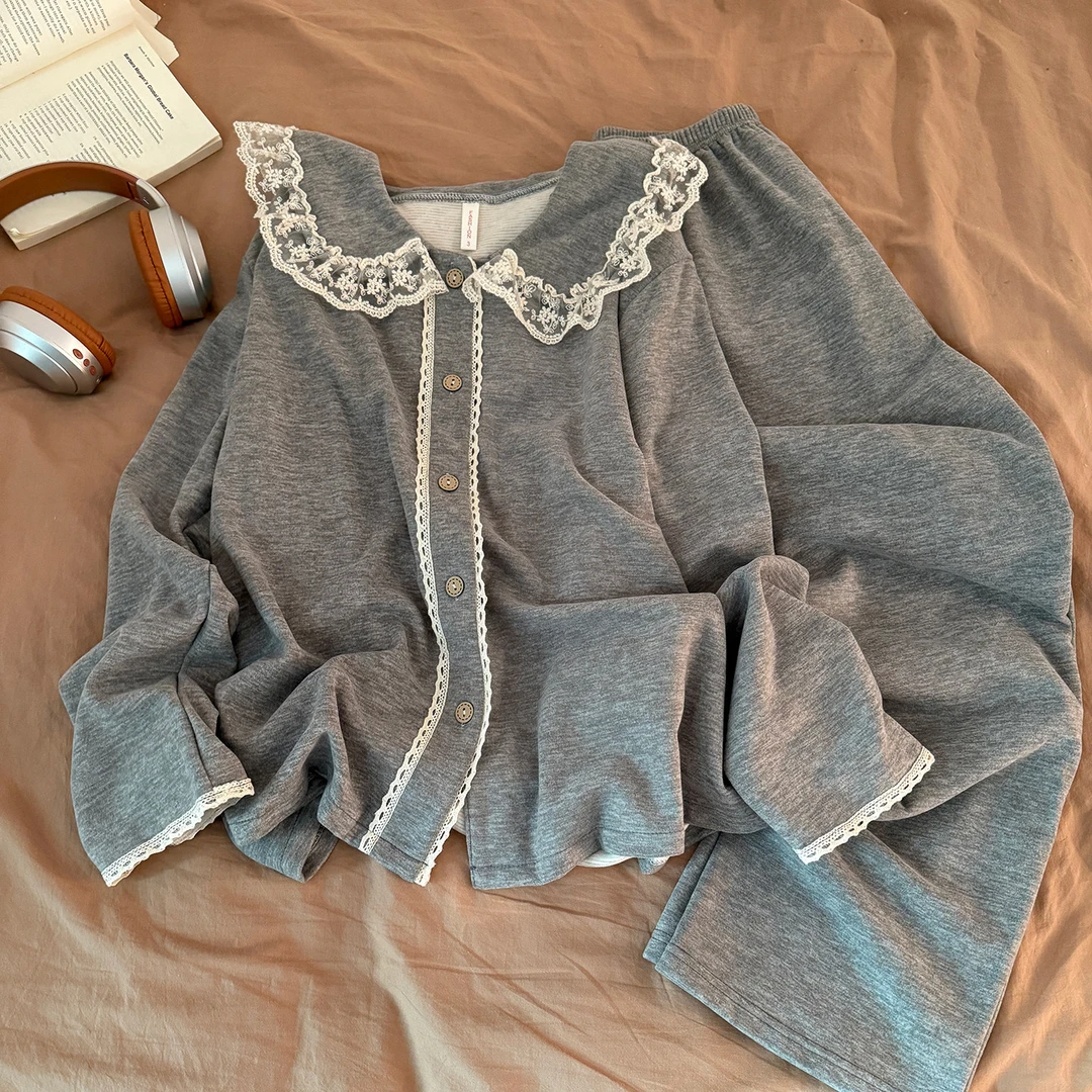 灰色娃娃领睡衣女款秋冬季羊绒保暖蕾丝花边加厚可外穿家居服套装