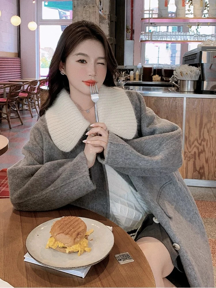 22030#小香风秋冬针织领气质宽松单排扣毛呢大衣