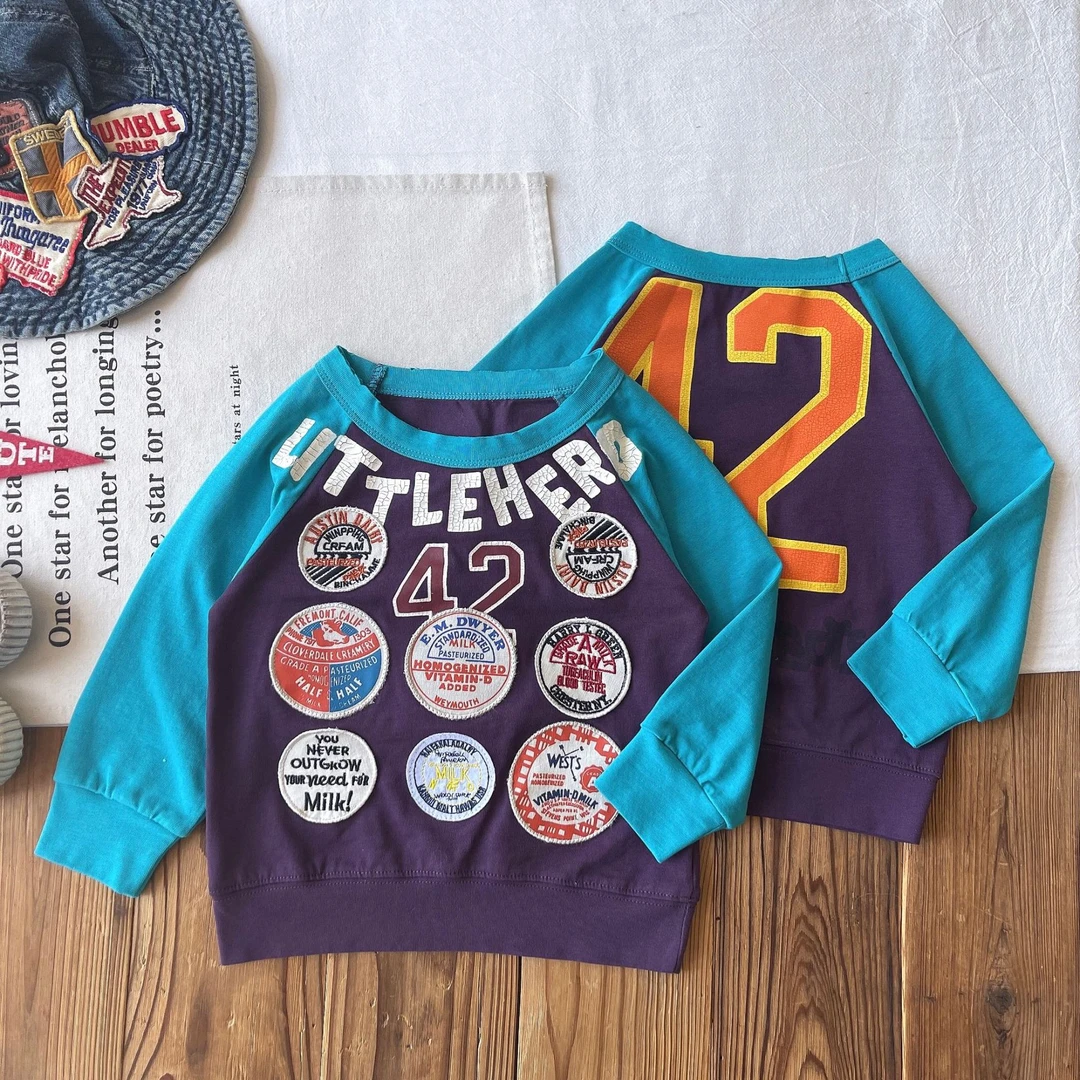 【定制清仓】日系童装小众儿童重工徽章贴标卫衣插肩袖T恤棉质上衣