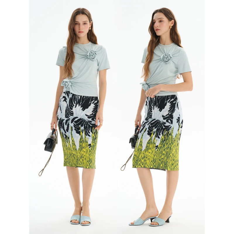 YIMAIMAI热带雨林 人丝丛林提花修身半身裙包裙