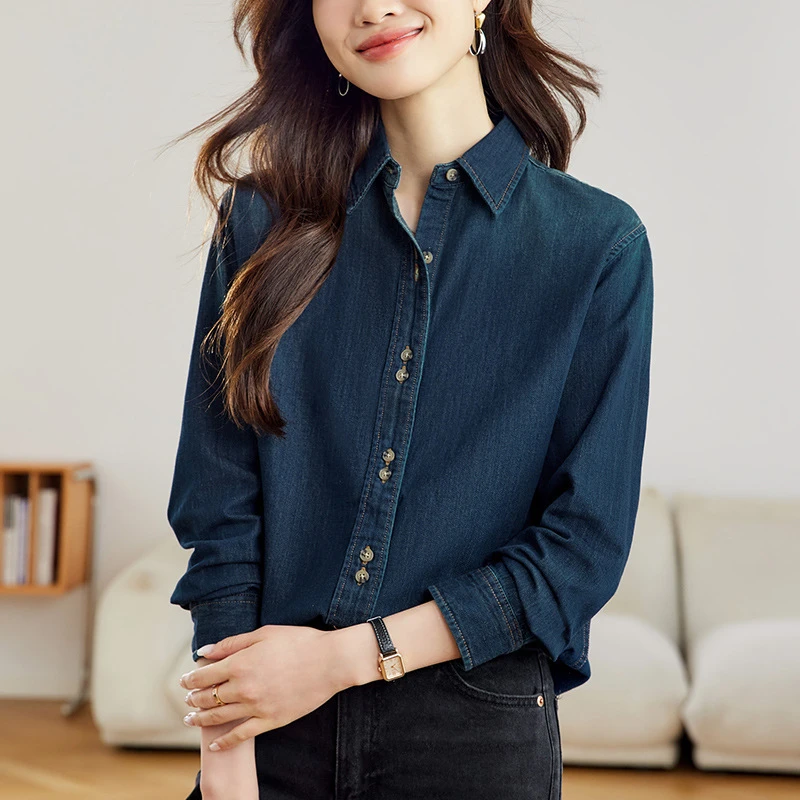 厂家直销渐变蓝色牛仔衬衫女2025春秋装新款叠穿上衣港风正肩衬衣