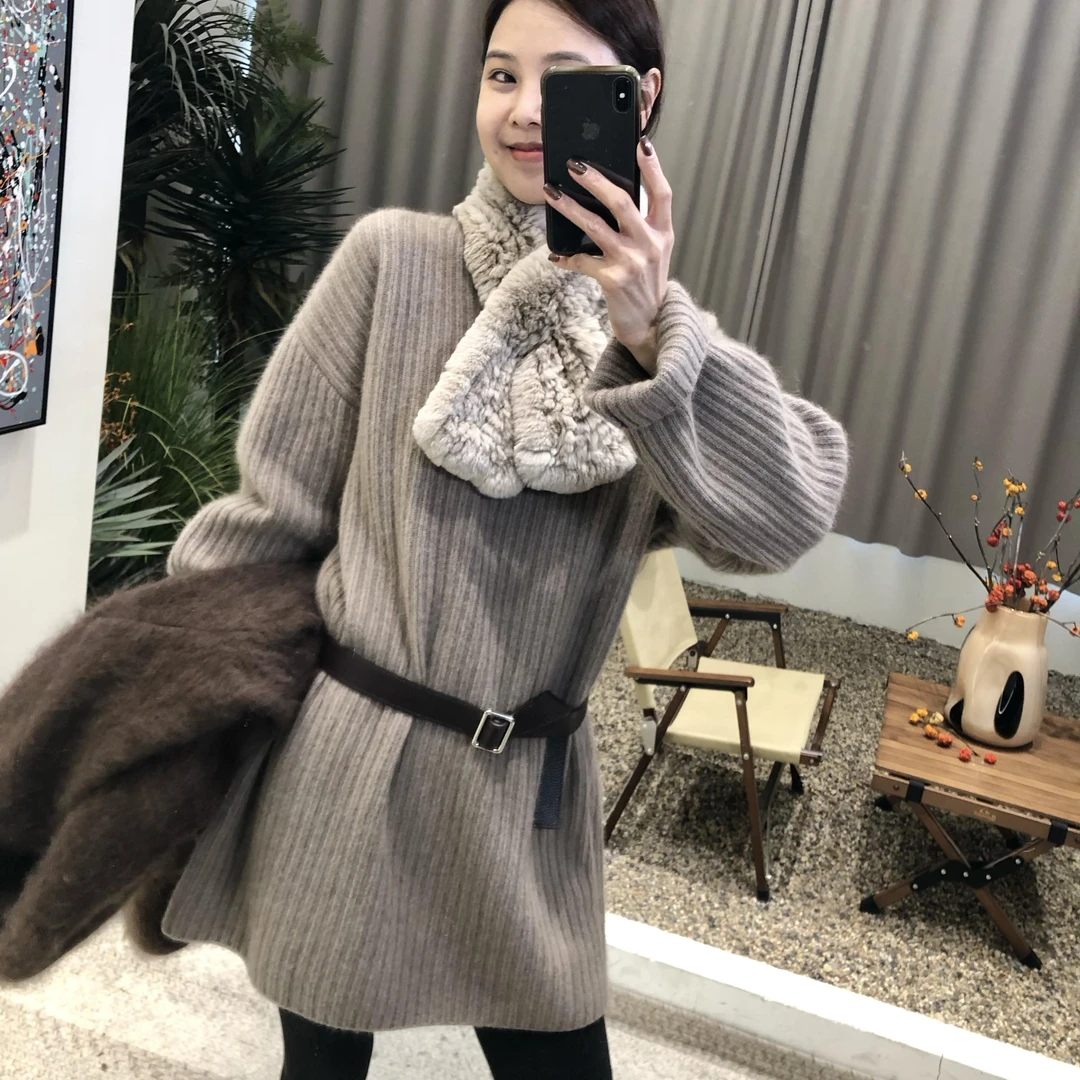 厚款慵懒气质‘’静奢松弛澳毛高级坑条长款毛衣连衣裙女（不含腰带）