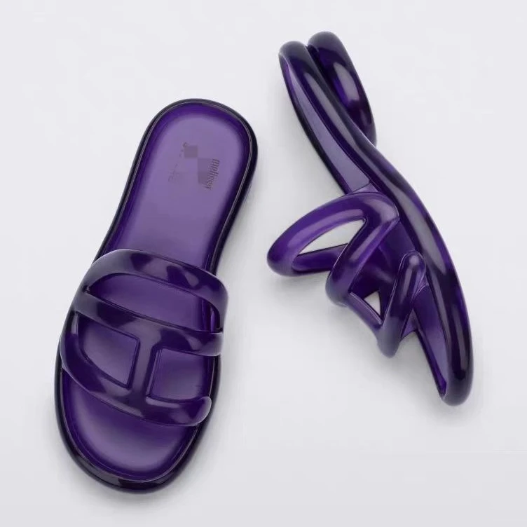 现货Telfar2025Pvc厚底低跟圆时尚休闲水晶果冻一字凉拖鞋女士