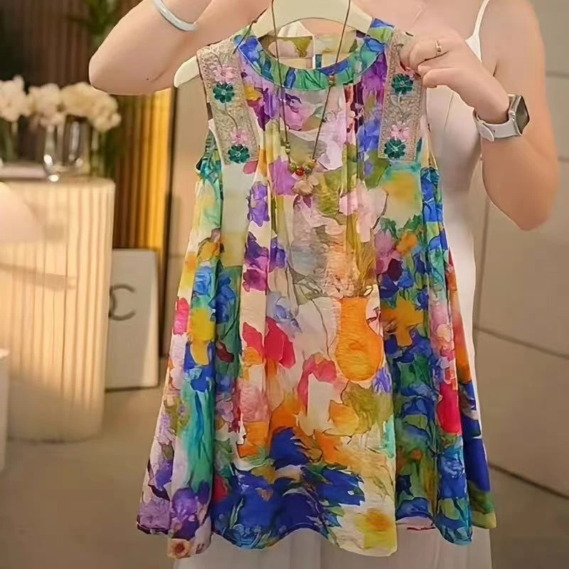 女童背心连衣裙夏季2025新款儿童无袖裙子夏装女孩油画沙滩裙洋气