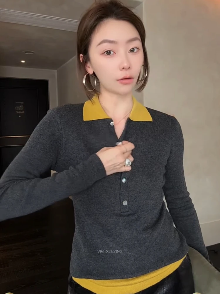 2025秋季新款小众时尚撞色拼接百搭T恤修身显瘦假两件针织衫上衣