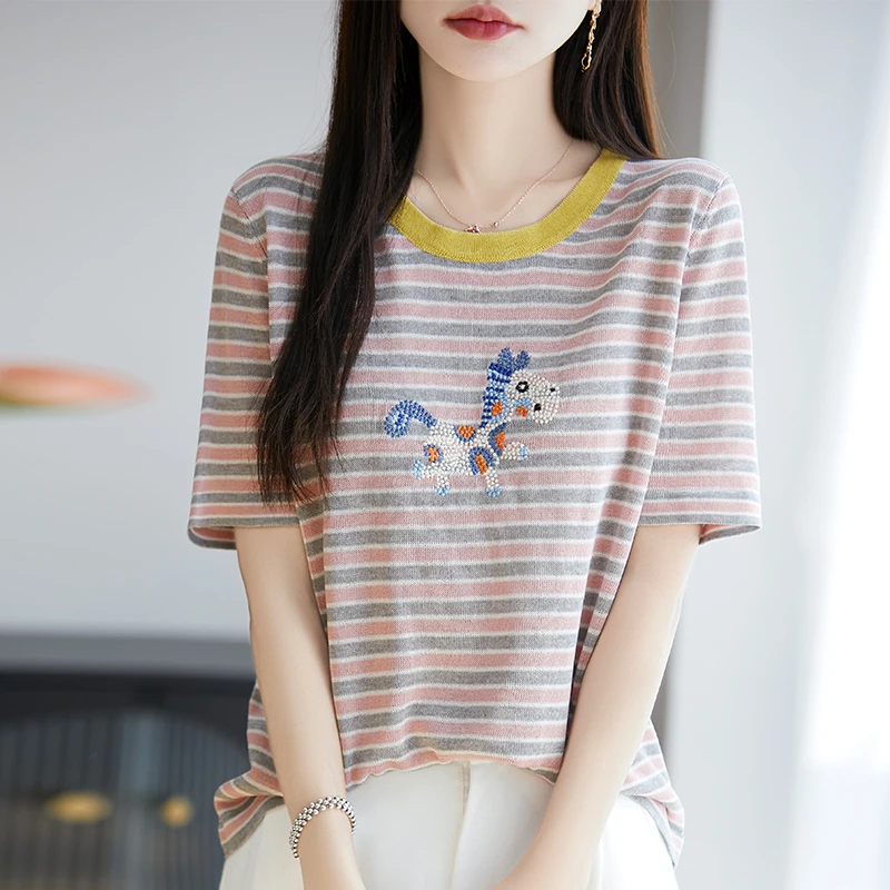 夏季套头款女装宽松短袖刺绣圆领针织衫毛针织衫短款条纹