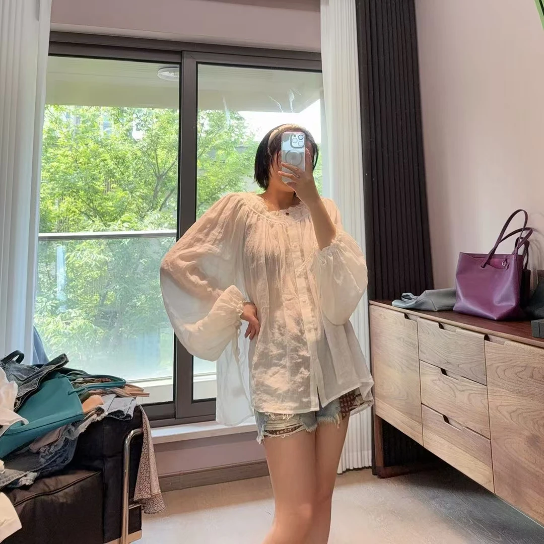 【欧货】巨仙 自留黄麻夏季防晒长袖衬衫 透气轻薄上衣圆领长袖