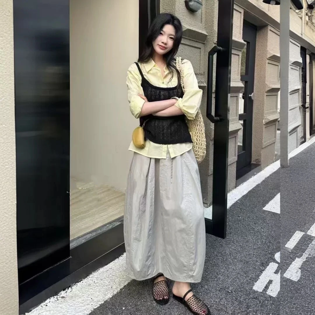 拼接简约南瓜裙半身裙少女风中长款夏季