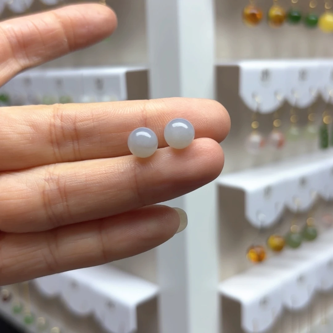 和田玉银S925镶嵌耳饰8m m