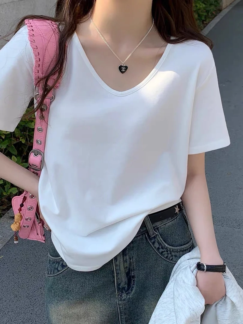 2025夏季简约白色V领百搭短袖T恤款宽松显瘦纯色打底衫女上衣.