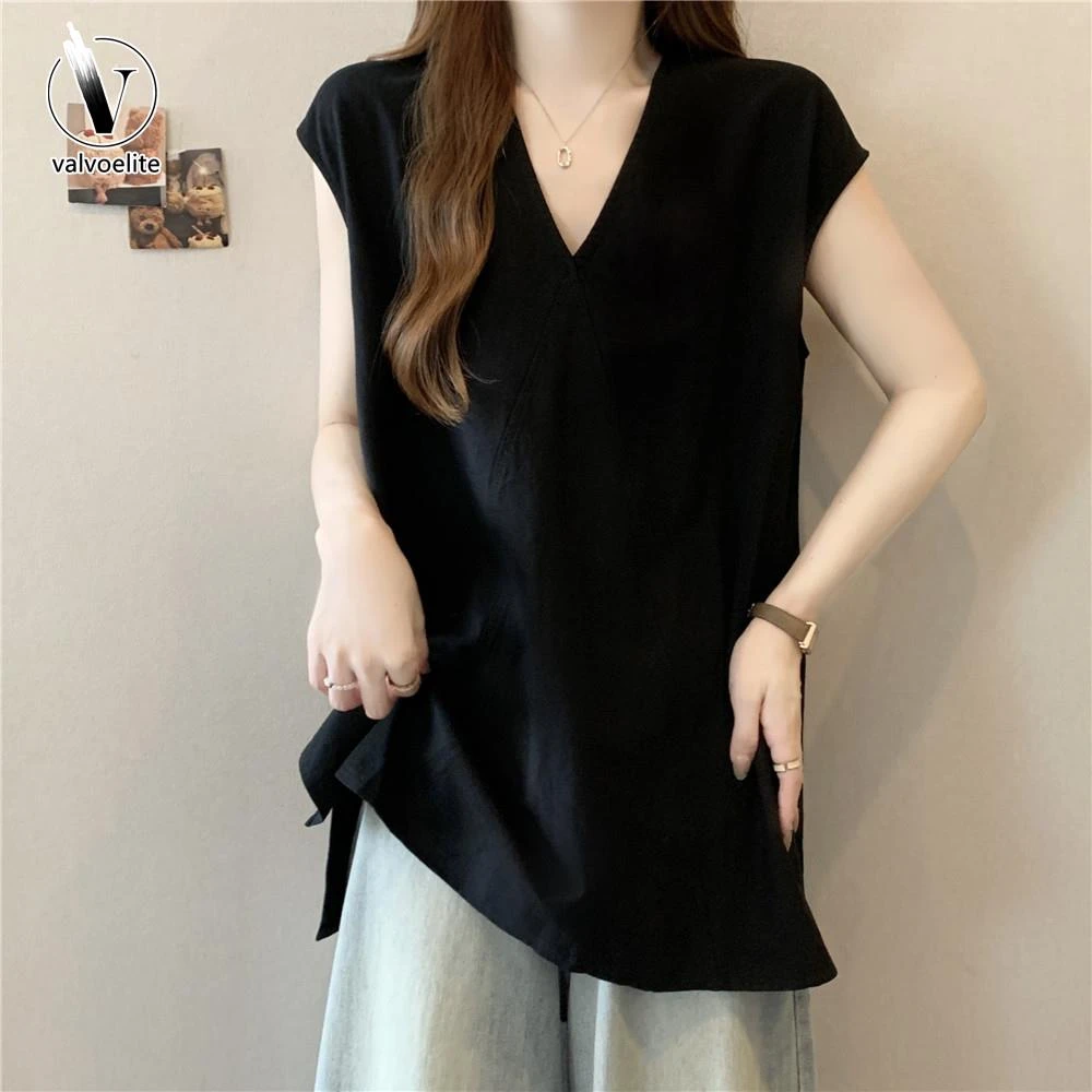 VALVOELITE无袖背心衬衫女夏大码胖时尚中长款字版休闲小飞袖上衣