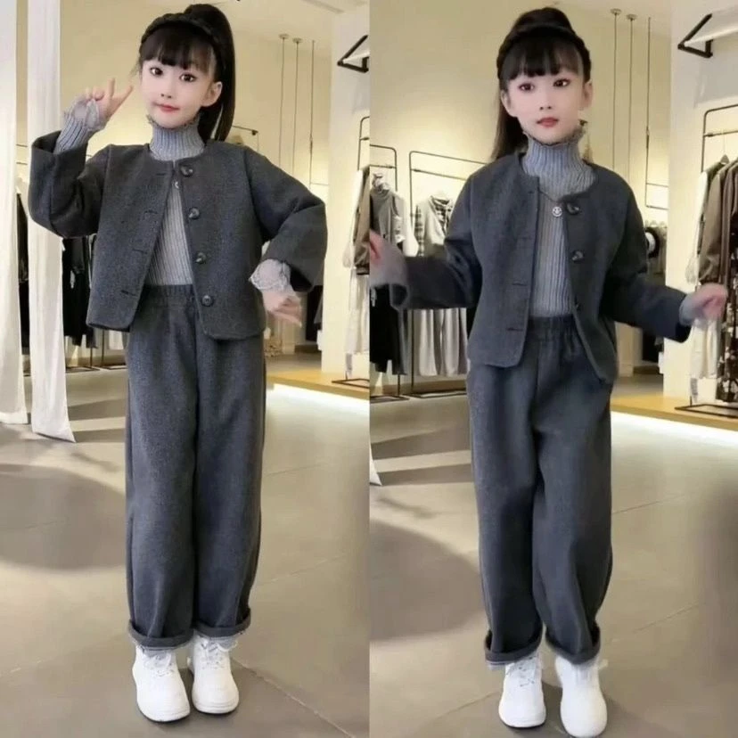 女童套装春季2025新款洋气儿童时髦春装女孩春秋韩版毛呢两件套潮