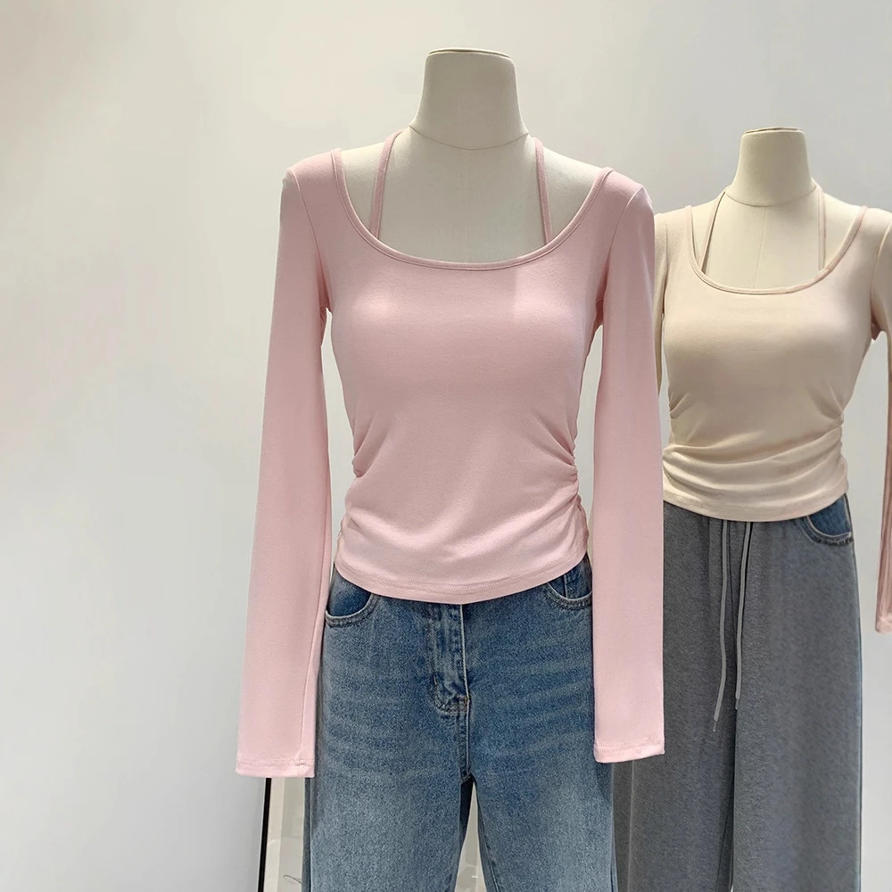 带胸垫挂脖假两件修身内搭打底衫女2025秋冬季高级感长袖t恤上衣