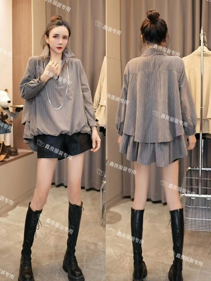 【鑫良】春季新款时尚宽松长袖条纹斗篷衬衫