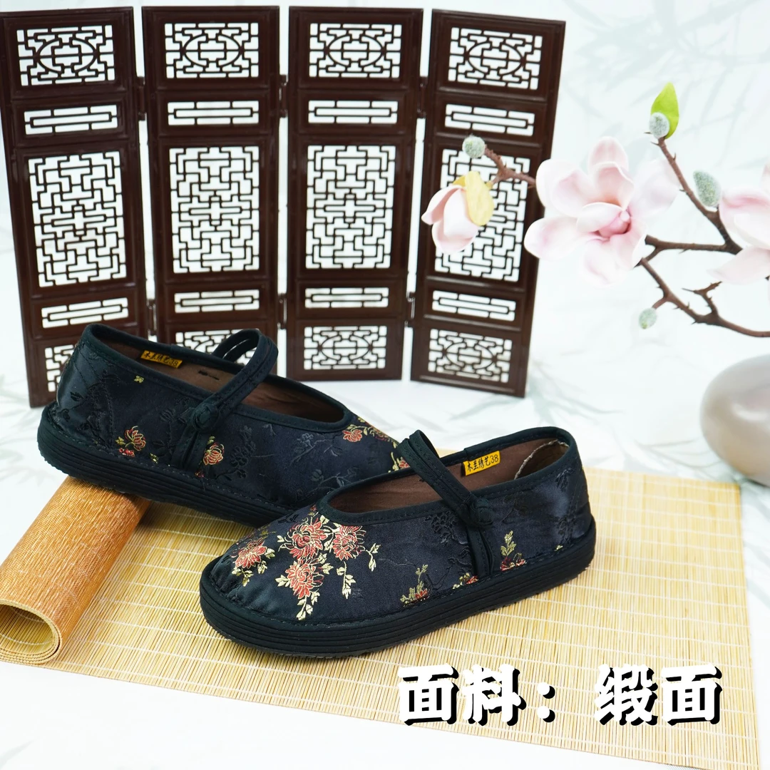 秋上新【墨菊-盘扣】绣花汉服平底圆女士绣花鞋纯手工透气千层底鞋
