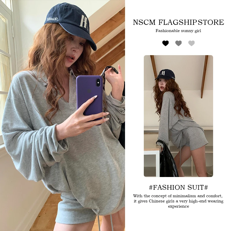 NSCM秋季新款痞帅炸街风女装灰色v领宽松翻领长袖上衣休闲短裤