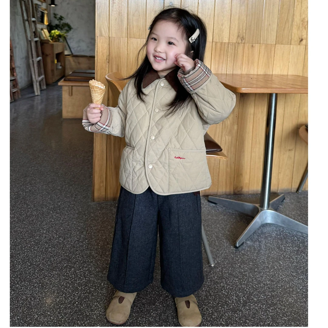 小思家2025冬季新款韩版洋气翻领菱格棉服外套呢子九分裤女童套装