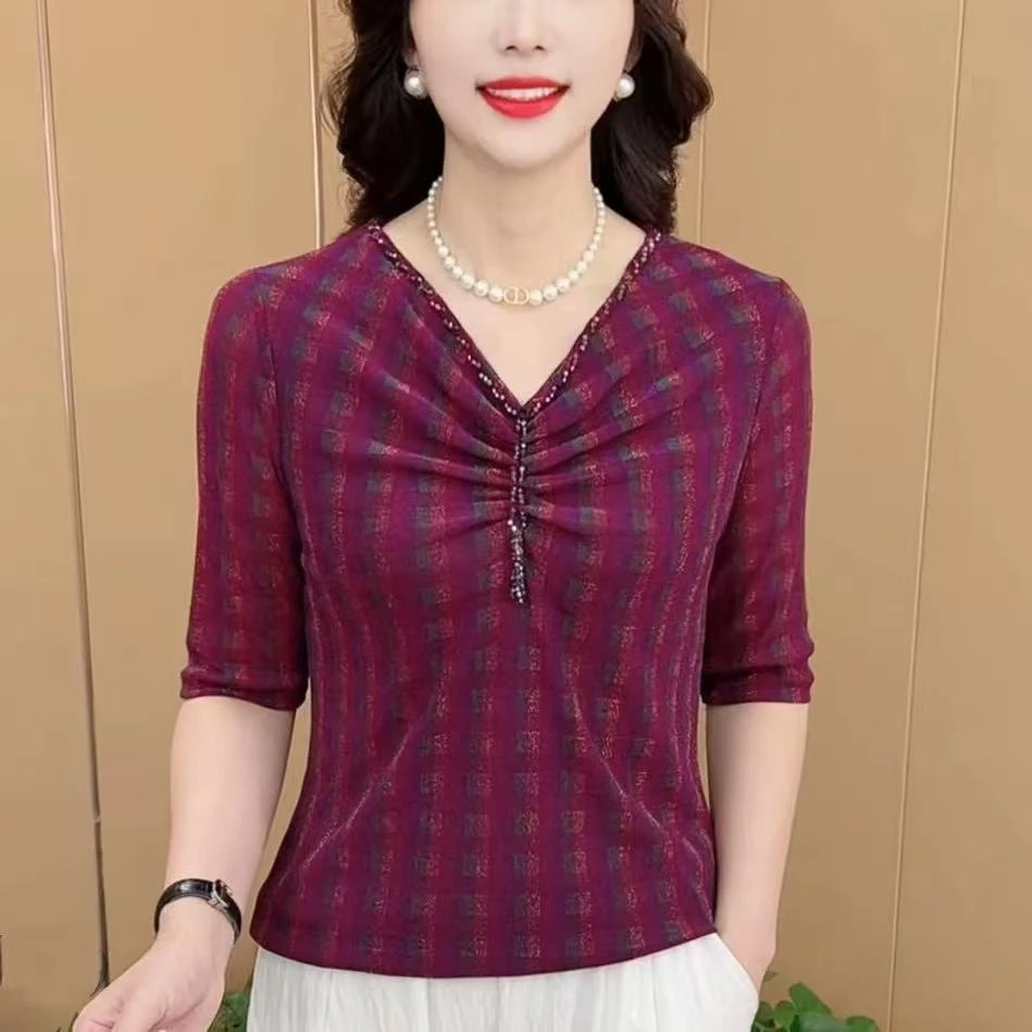 早秋新款时尚V领褶皱串珠设计感弹力显瘦气质百搭女士打底衫