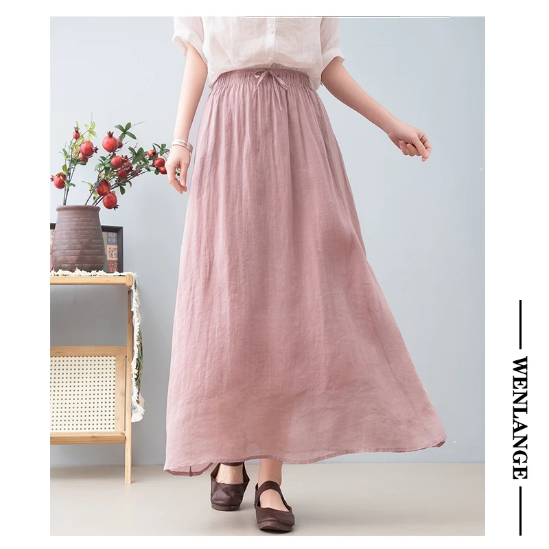 【100苎麻】82502仙气飘飘双层纯色抽绳半裙25夏季松紧腰显瘦大摆裙