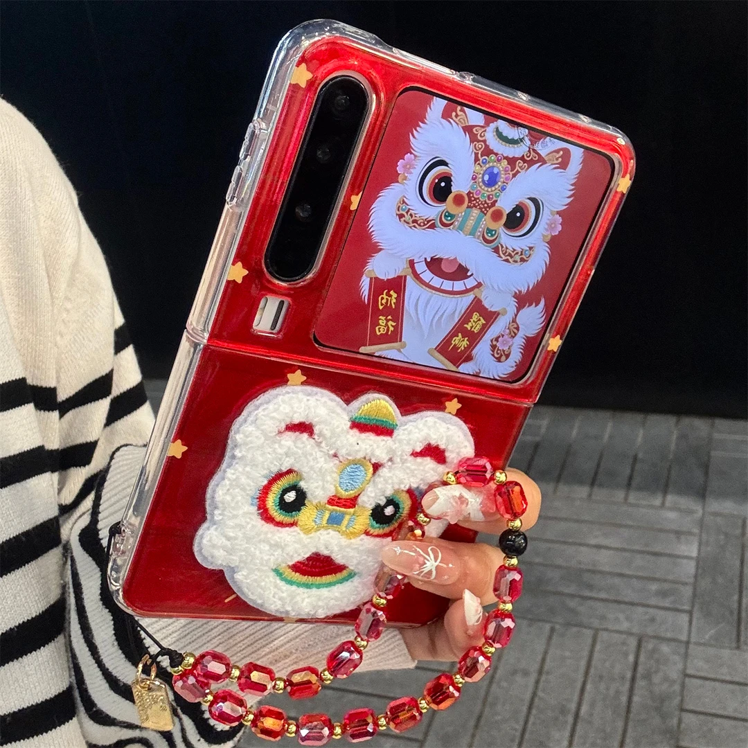 适用华为purax典藏版折叠屏手机壳PuraX红底满屏星星刺绣醒狮链条