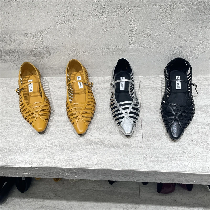 欧洲站真皮女鞋2025夏款欧货尖头休闲编织透气粗跟浅口鞋单鞋凉鞋