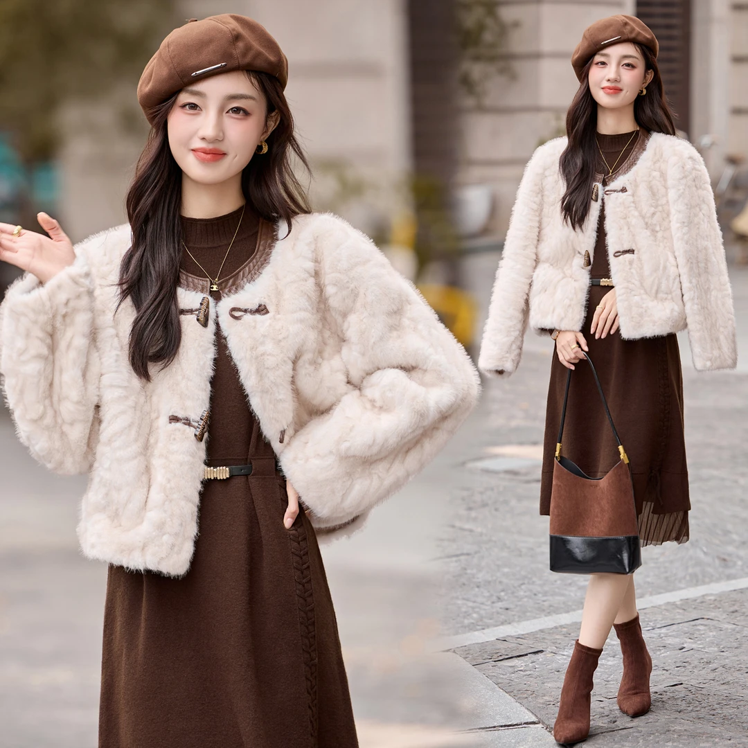皮毛一体仿水貂毛外套女冬2025新款洋气短款加厚环保皮草毛绒上衣