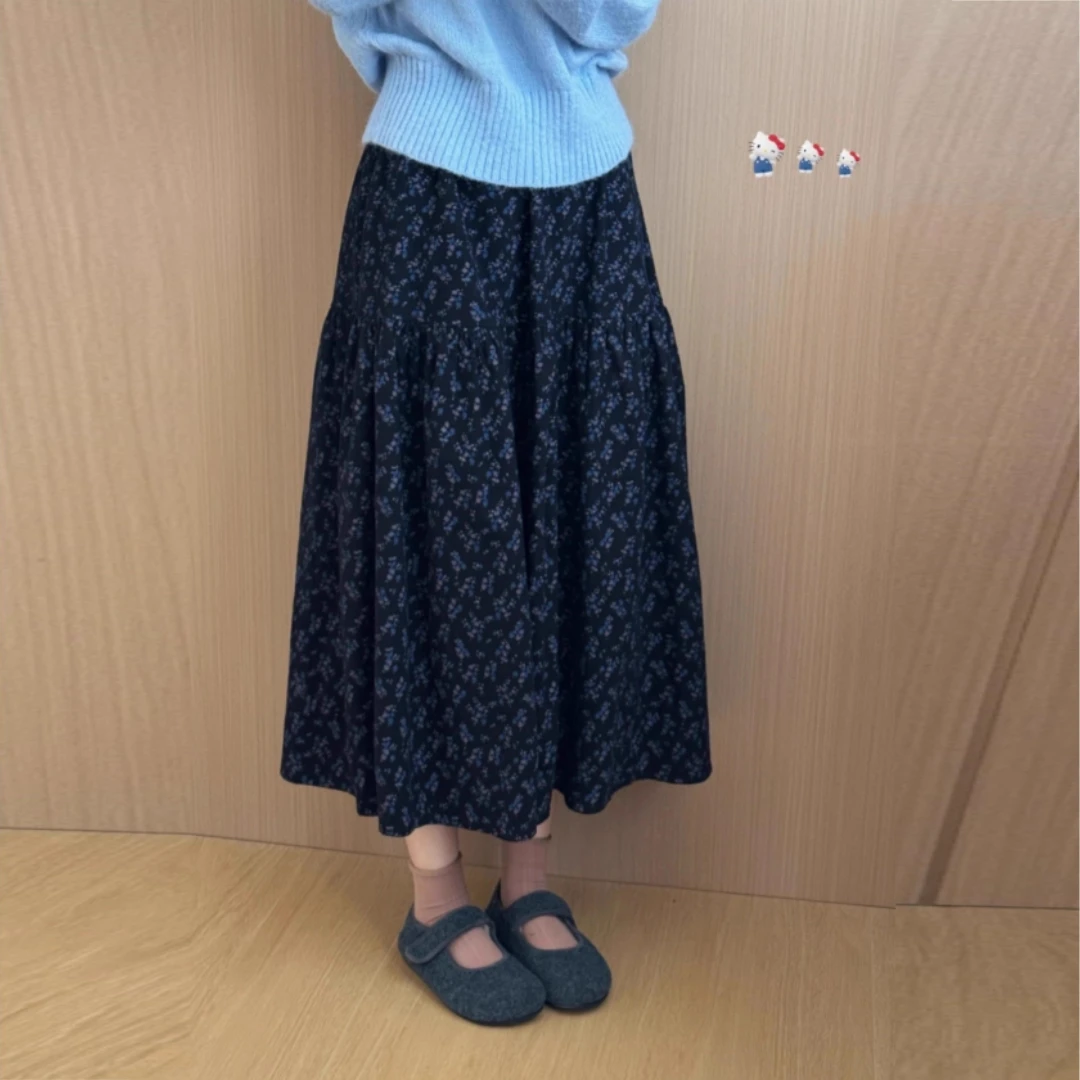松紧腰磨毛遮胯半身裙韩系高腰碎花裙2025秋季新款A字版显瘦裙子