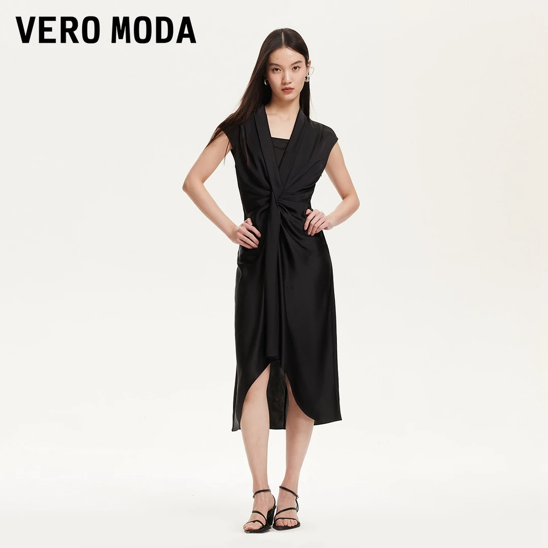 Vero Moda连衣裙女2025春季新款真两件仿缎面收腰连衣裙