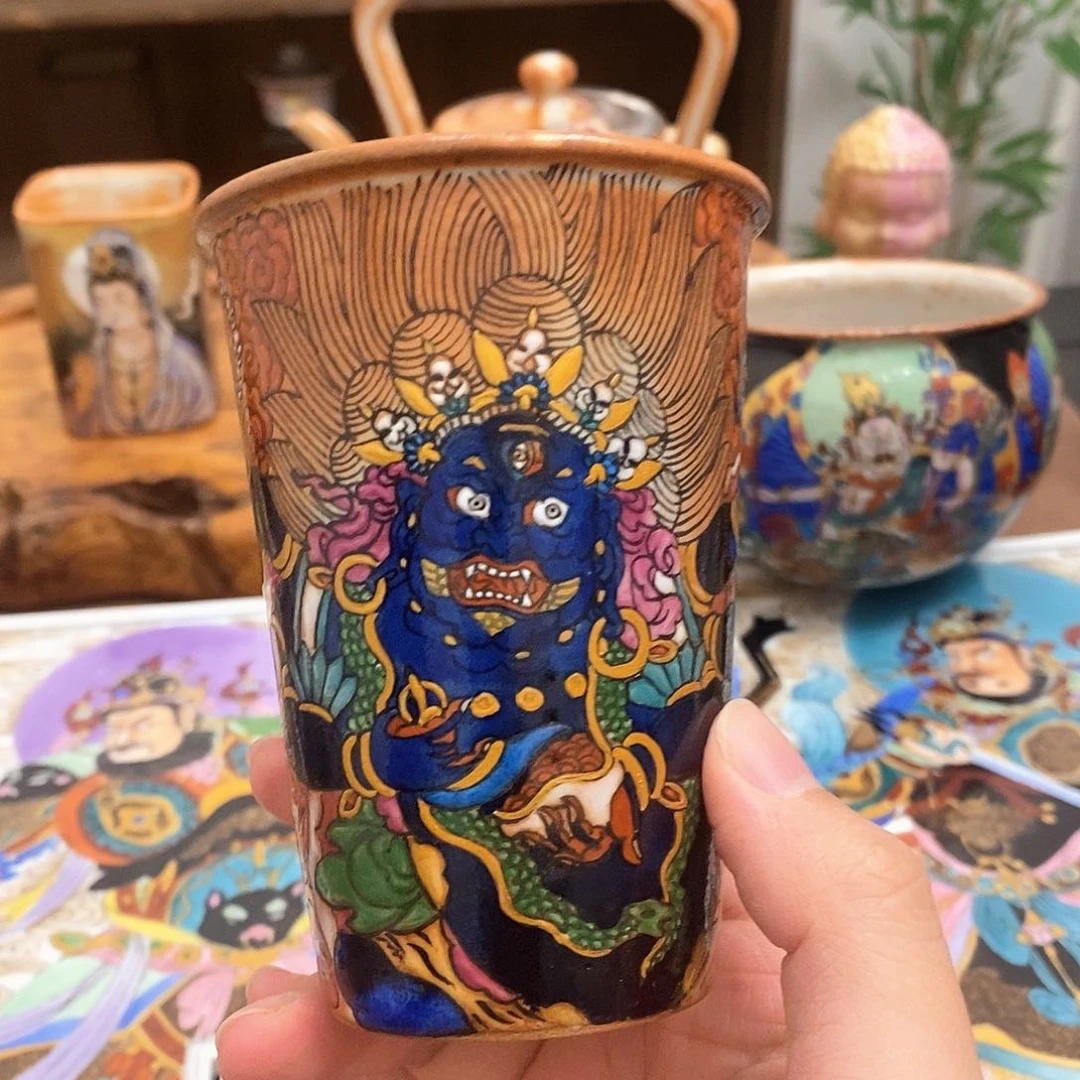 手工手绘六臂大黑天cha'b茶杯