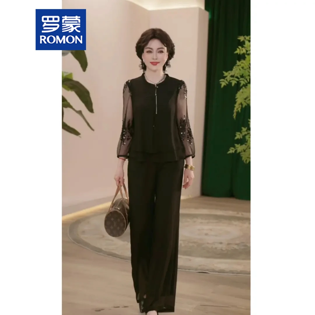 罗蒙名牌妈妈装春夏薄款时尚套装气质衬衣女装洋气减龄T恤两件套
