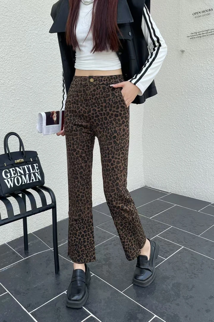 韩版早秋复古风新款时尚豹纹设计师款百搭休闲裤脚小开叉女休闲裤