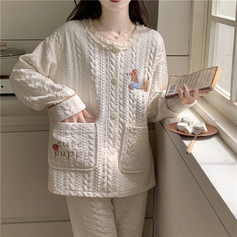 秋冬季女士睡衣女加厚空气棉提花开衫夹层可爱卡通可外出家居服