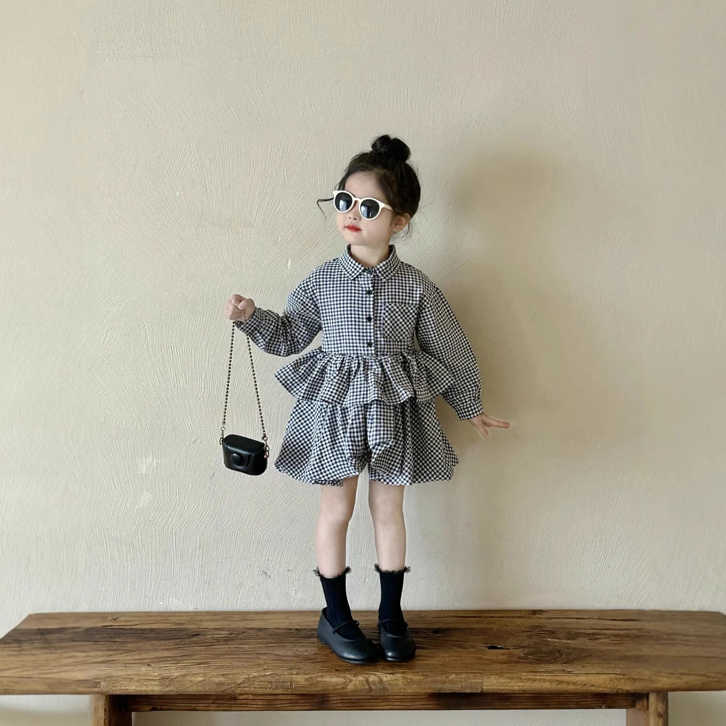 儿童韩版连衣裙2025春秋新款童装女童衬衫领洋气休闲黑白格蓬蓬裙