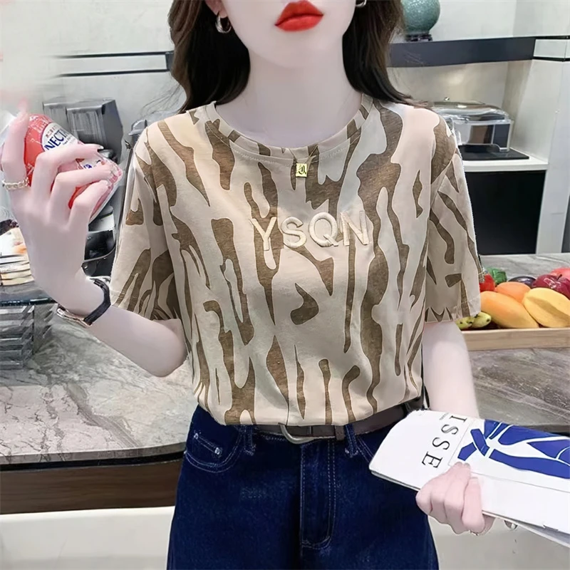 重工刺绣短袖t恤女款夏季新款体恤宽松洋气质印花女士上衣服