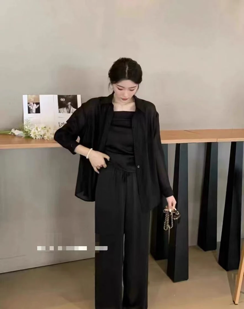 时尚气质休闲套装女轻熟风衬衫吊带阔腿裤设计感