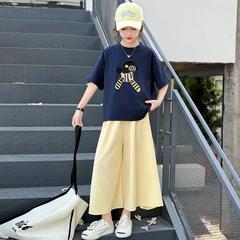 女童夏季新款洋气女大童斑马印花短袖休闲阔腿七分裤夏款套装