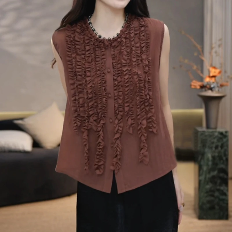 法式设计感拼接木耳边圆领衬衫女新款时尚高级洋气单排扣无袖上衣