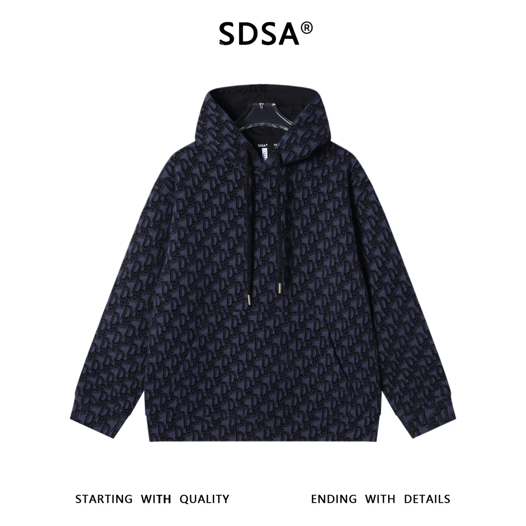 SDSA男士秋冬新款痞帅男装美式撞色满印字母抽绳连帽卫衣宽松百搭